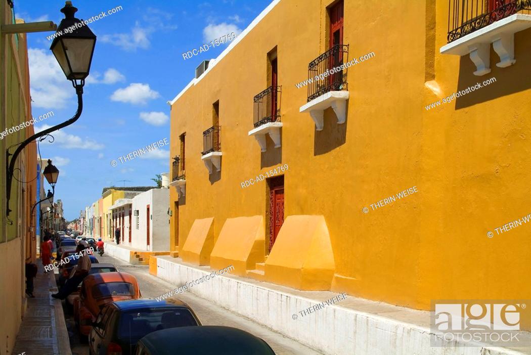Stock Photo: Row of houses Campeche province of Campeche Yucatan peninsula Mexico.