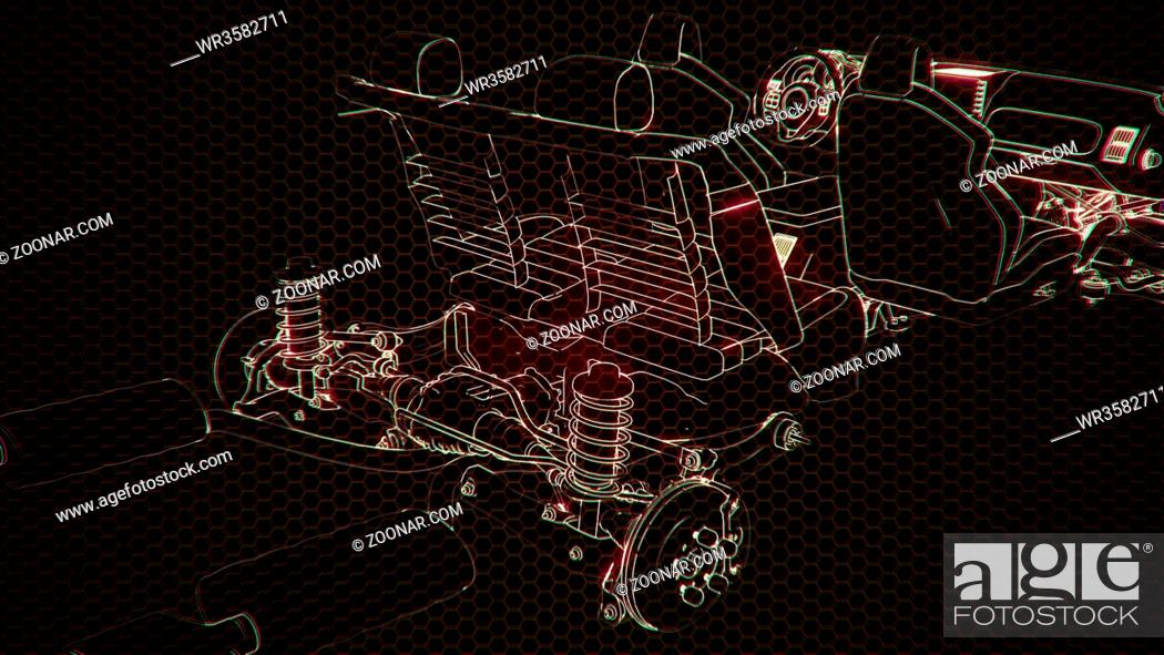 Holographic animation of 3D wireframe car model with engine and otter  technical parts, Stock Photo, Picture And Royalty Free Image. Pic.  WR3582711 | agefotostock