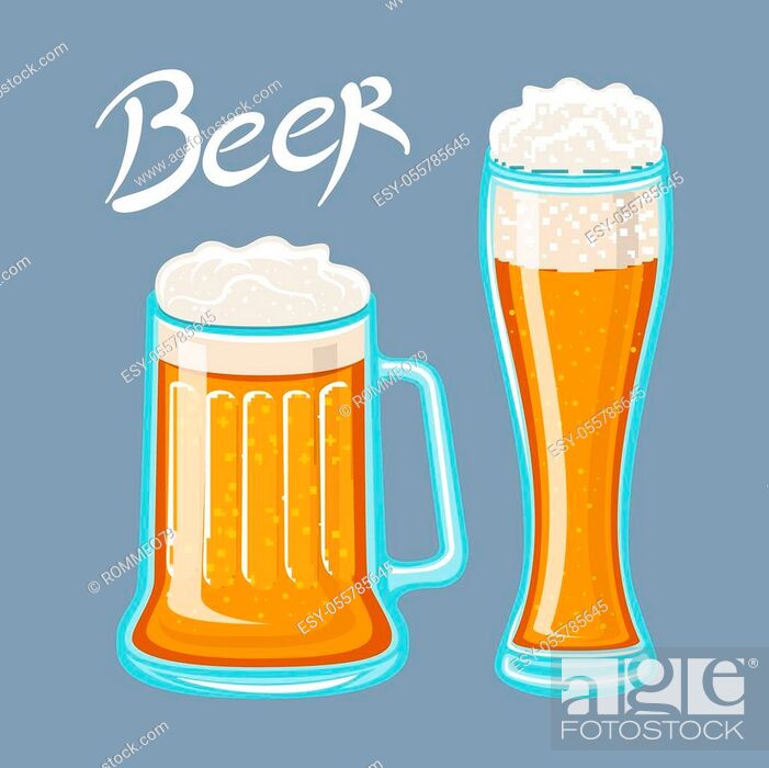 Stock Vector: Vector image of mugs of beer glass. Drinks with a lot of foam. flat Vector illustration art.