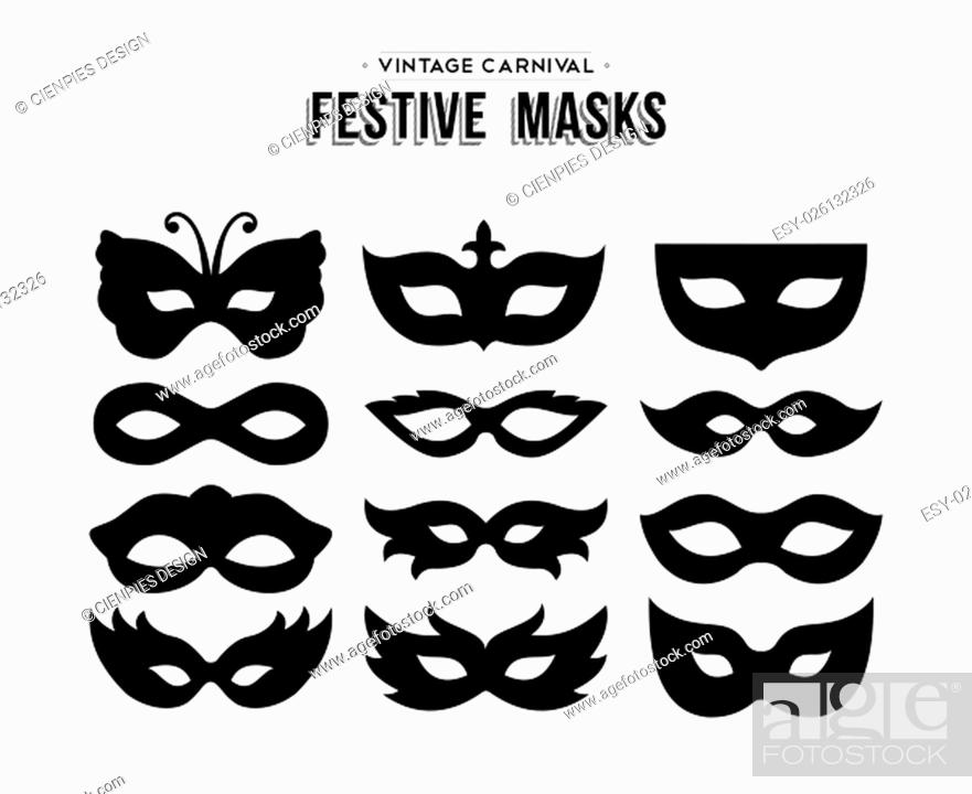 Stock Photo: Set of festive vintage carnival masks silhouettes isolated over white. EPS10 vector.