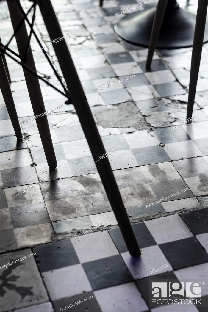 Stock Photo: traditional design old rustic floor tiles detail in trendy Ibiza cafe.