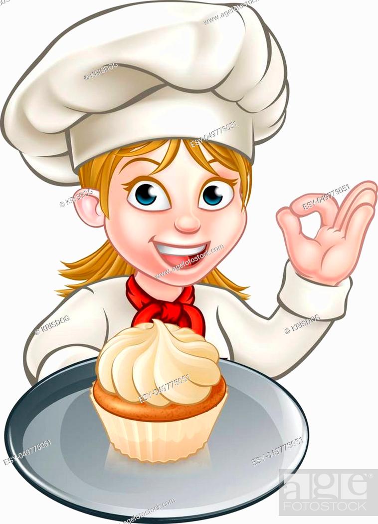A woman chef or baker cartoon character holding a plate with a cupcake or  fairy cake on it, Stock Vector, Vector And Low Budget Royalty Free Image.  Pic. ESY-049775051 | agefotostock