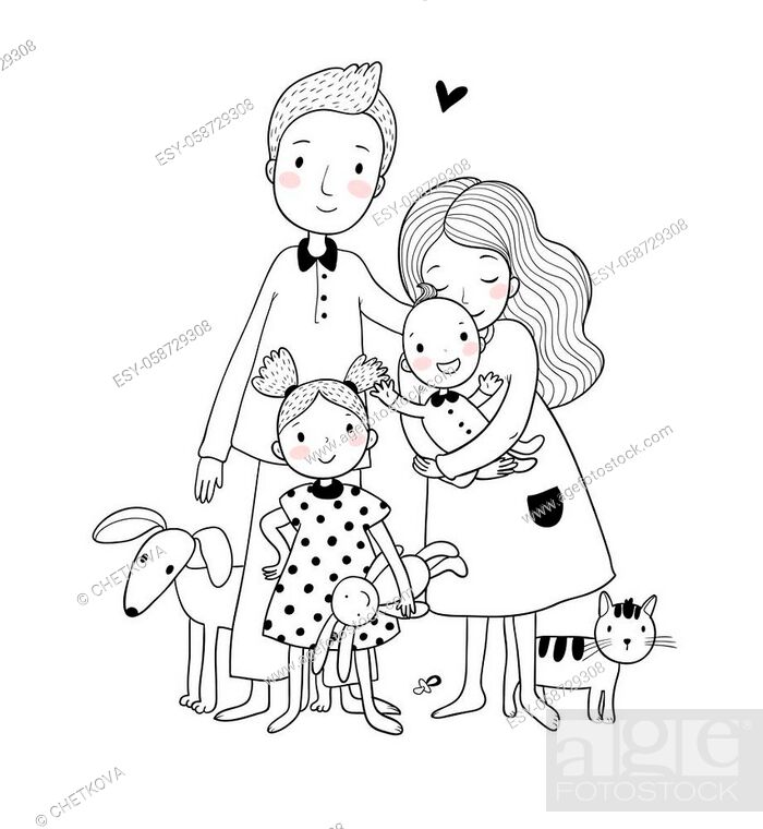 A happy family. Cute cartoon dad, mom, daughter and baby. Funny cat and  dog, Stock Vector, Vector And Low Budget Royalty Free Image. Pic.  ESY-058729308 | agefotostock