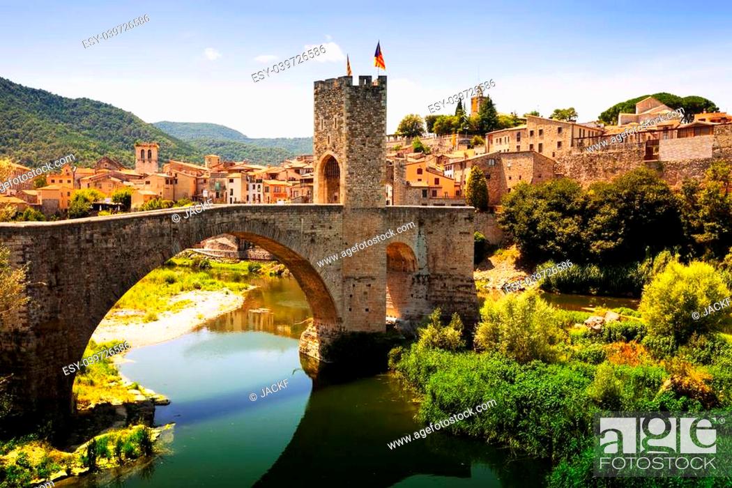 Stock Photo: Medieval bridge with antique gate, built in the 12th century. Besalu, Catalonia.