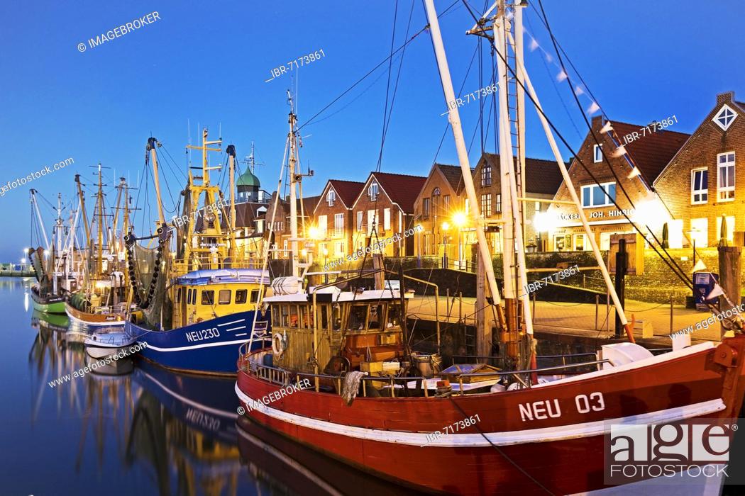 Stock Photo: Fishing harbour in the evening, Neuharlingersiel, East Frisia, Lower Saxony, Germany, Europe.