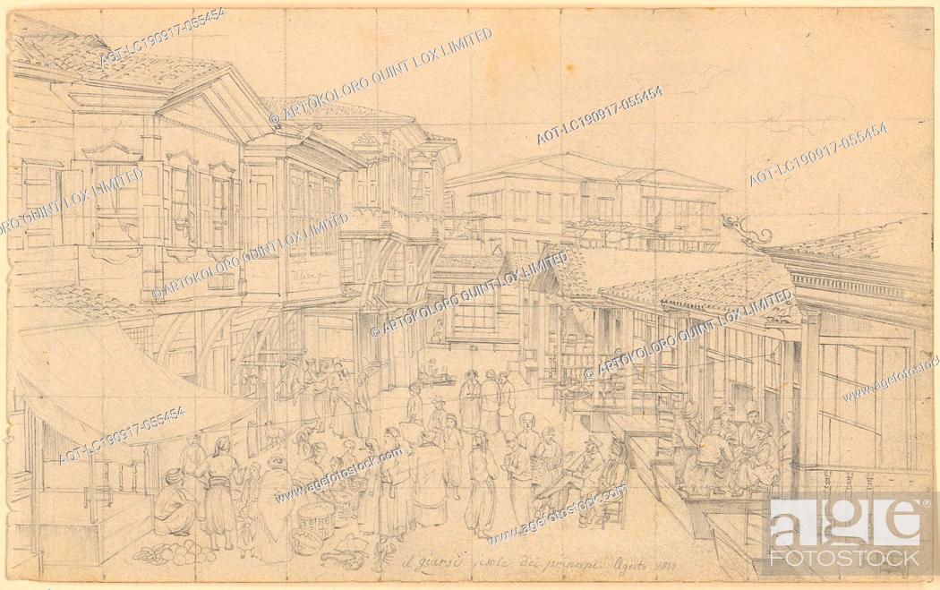 Stock Photo: Sketch Sheet: 5: Turkish Street Life between the Bazaars, 1843, pencil, sheet: 11.4 x 18.5 cm, signed in pencil in pencil: il giarsi isole dei principi Agosto.