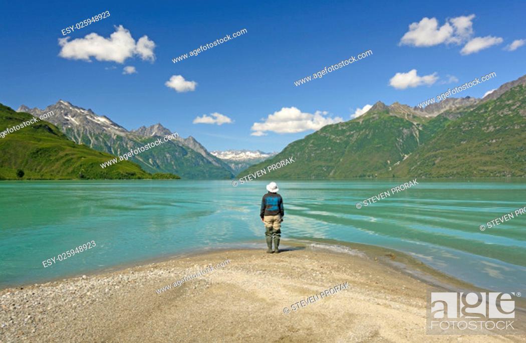Stock Photo: Enjoying a Spectacular View of Crescent Lake on a Sunny Summer day in Lake Clark National Park in Alaska.