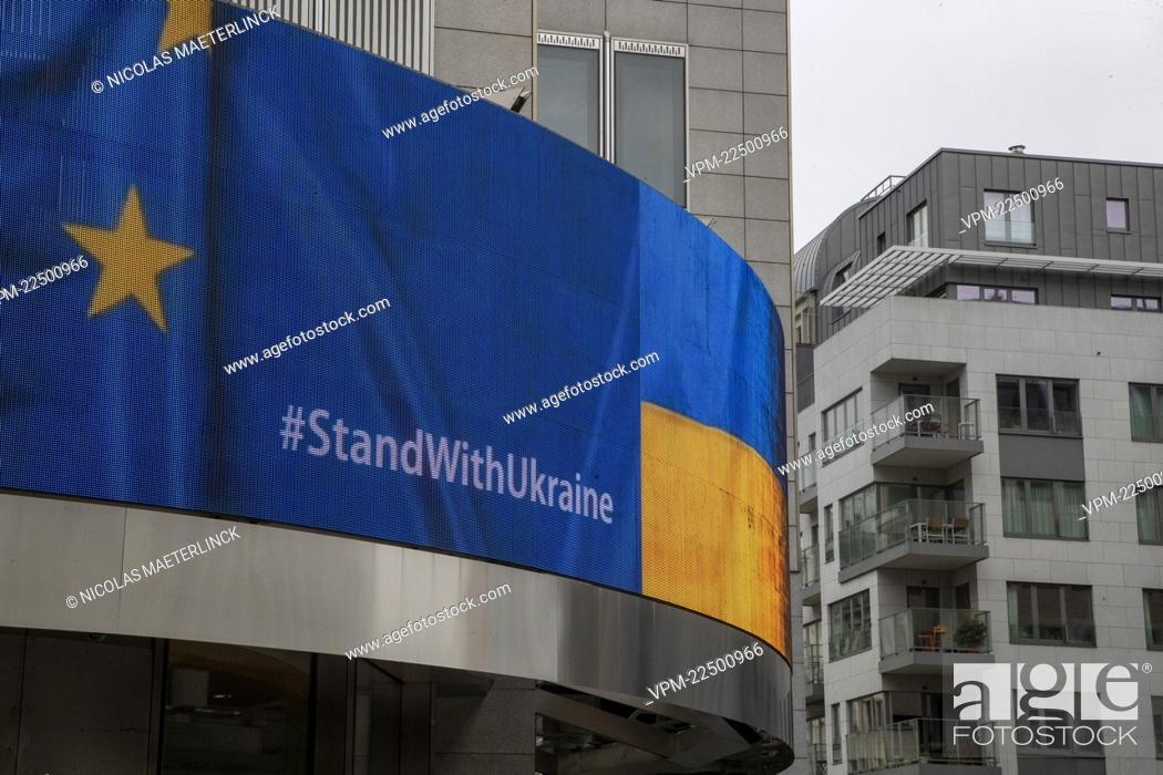 Stock Photo: Illustration picture shows European and Ukrainian flag and during the inauguration of the Center for Ukrainian Civil Society, near the European Parliament.