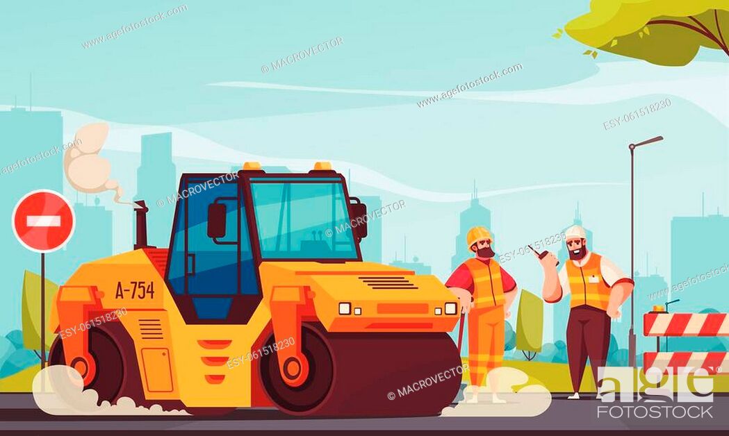 Road repair flat composition with brigade of workers and road roller making  paving cartoon vector..., Stock Vector, Vector And Low Budget Royalty Free  Image. Pic. ESY-061518230 | agefotostock