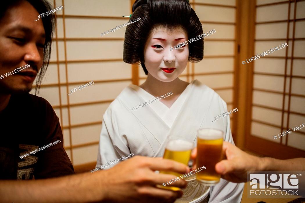 Stock Photo: Fukuyu, geisha workimg in Miyaki tea house (o-chaia).Geisha's distric of Miyagawacho.Kyoto. Kansai, Japan.
