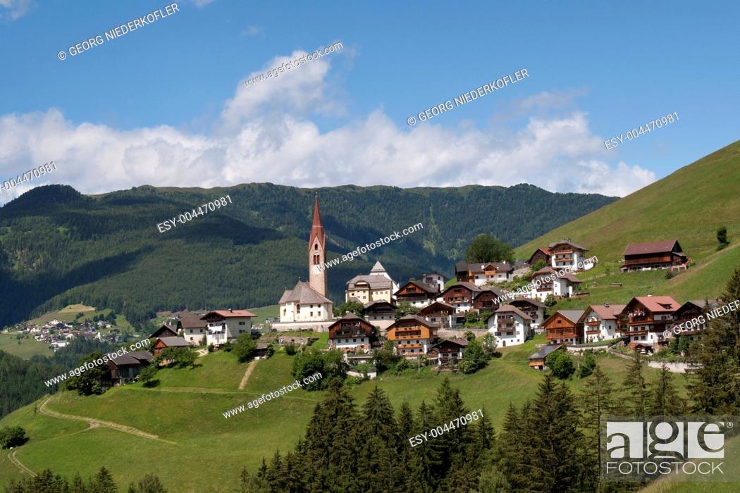 Stock Photo: Nature, Green, Summer, Landscape, Tree, House, Mountain, Forest, Environment, Agriculture, Rock, Church, Summer Vacation, Vacation, Meadow, Village, Air, Valley, Community, Alps, Austria, Spare-Time, Heaven, Fog, Leave, Infrastructure, Cloud, Alto Adige, South Tyrol, Recuperation