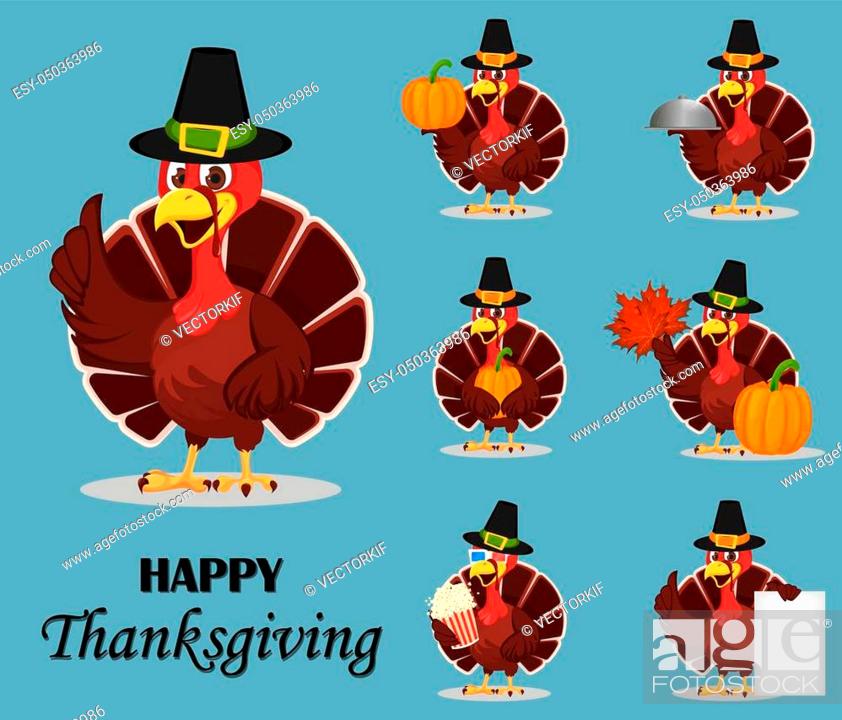 Thanksgiving turkey bird wearing a Pilgrim hat and holding different  things, Stock Vector, Vector And Low Budget Royalty Free Image. Pic.  ESY-050363986 | agefotostock