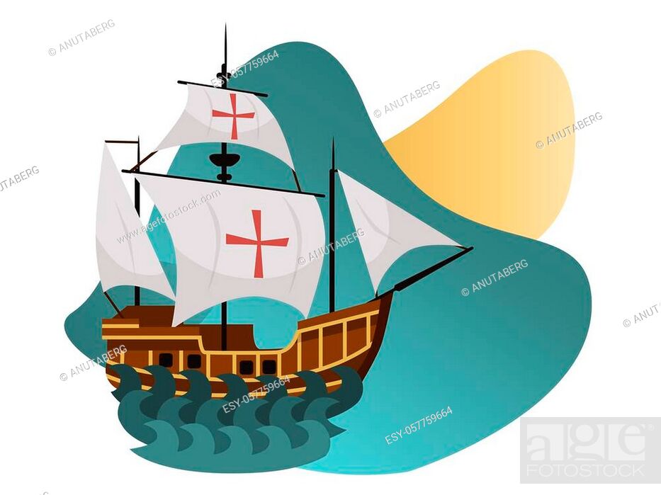 Columbus Day poster with Caravel Santa Maria. Sailing ship floating on the  sea waves greeting or..., Stock Vector, Vector And Low Budget Royalty Free  Image. Pic. ESY-057759664 | agefotostock