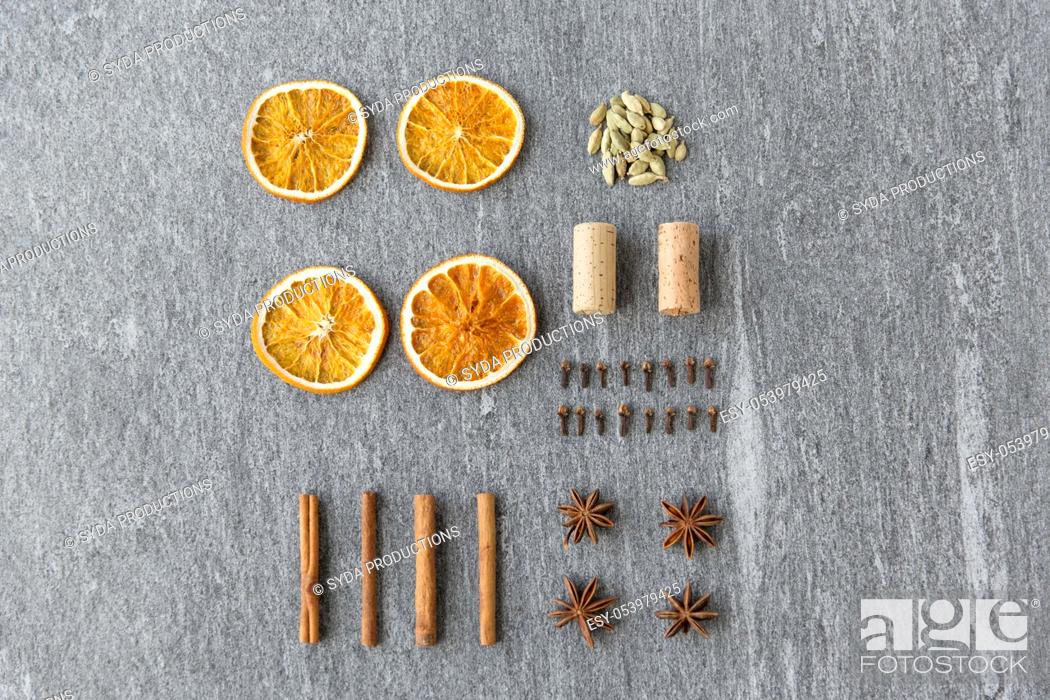 Stock Photo: dry orange, cinnamon, clove, anise and cardamom.