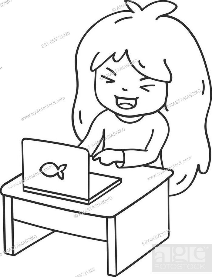 Little girl laughing in front of a laptop. Cute cartoon character for  emoji, sticker, pin, patch, Stock Vector, Vector And Low Budget Royalty  Free Image. Pic. ESY-055721326 | agefotostock