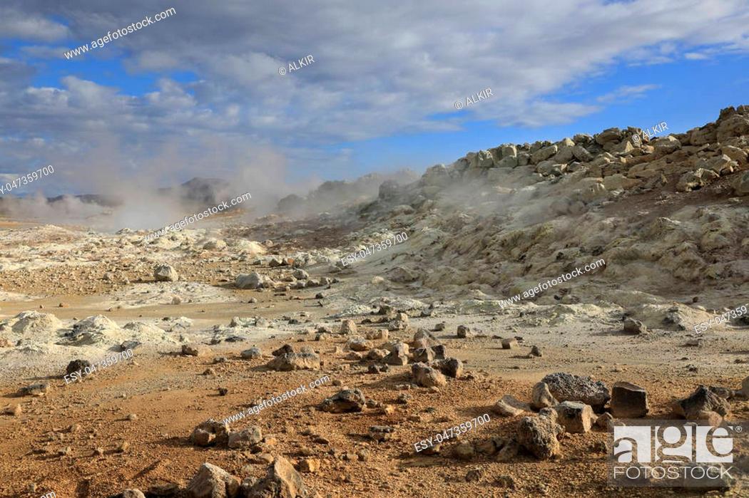 Stock Photo: Steaming fumaroles in geothermal valley Hverir Namafjall in Iceland.