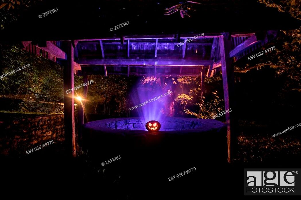 Stock Photo: Abandoned well in the forest with Halloween pumpkin at night. Horror concept.