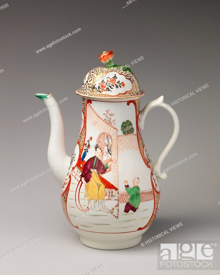 Imagen: Coffeepot. Factory: Worcester; Date: ca. 1760-65; Culture: British, Worcester; Medium: Soft-paste porcelain; Dimensions: Height: 9 3/4 in. (24.