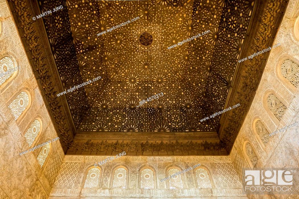 Stock Photo: Moorish, Wooden ceiling, stucco decoration, Sala de los Embajadores, Palacios Nazaries, Nasrid palaces, Alhambra, Granada, UNESCO World Heritage Site, Andalusia.