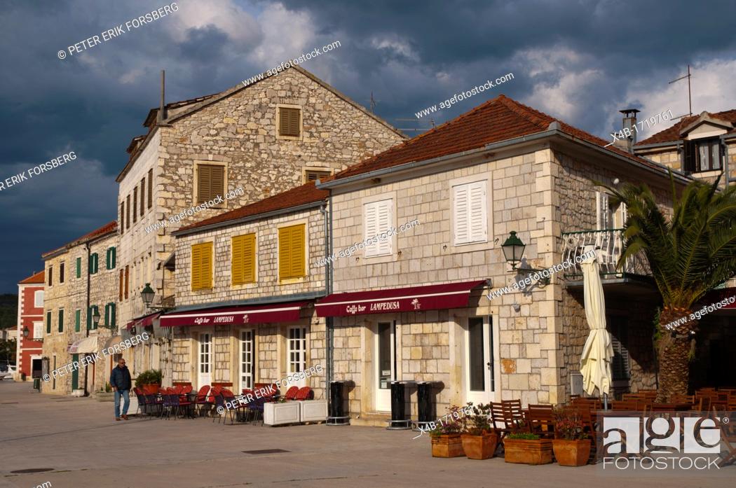 Stock Photo: Riva portside promenade old town Stari Grad in Hvar island Croatia Europe.
