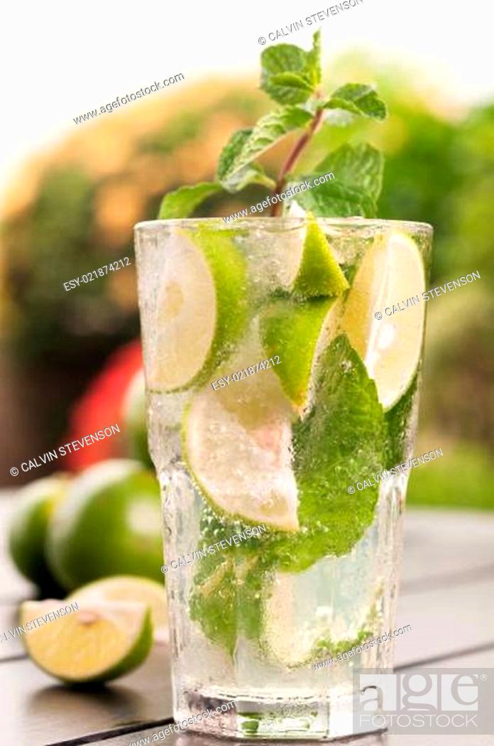 Stock Photo: Mojito cocktail close up with plants and blue sky background.