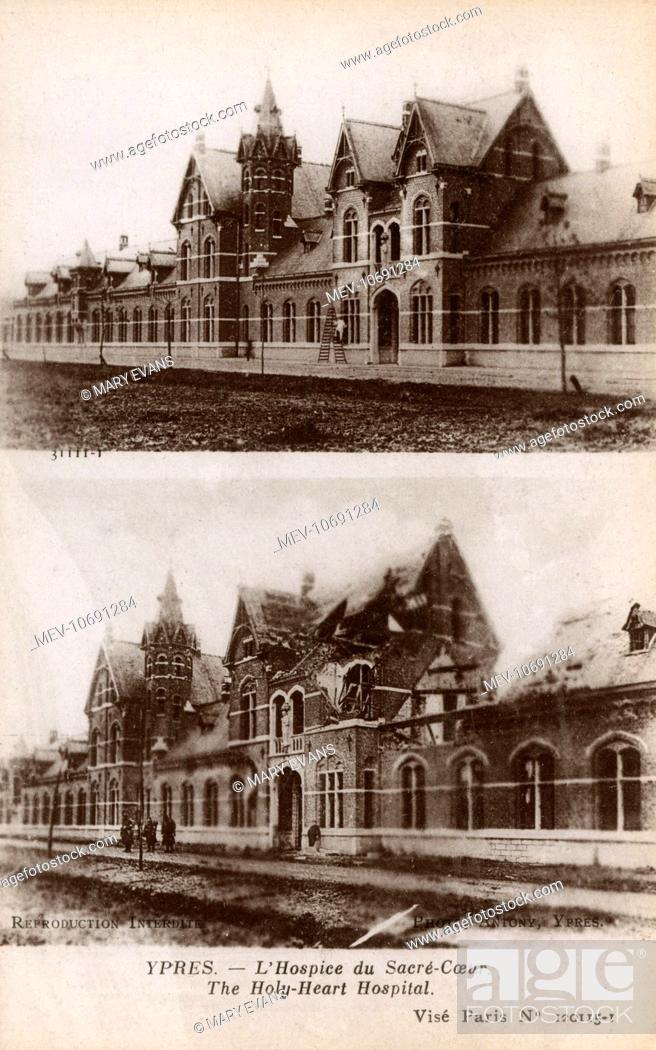 Stock Photo: WWI - Ypres, Belgium - The Sacred Heart Hospital - Before and After shelling damage.