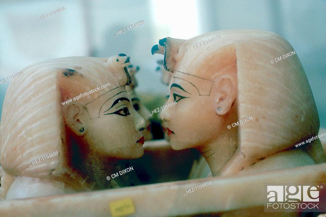 Stock Photo: Canopic Jars from the Tomb of Tutankhamun. The heads represent the four protective goddesses Isis, Nephthys, Selket and Neith.