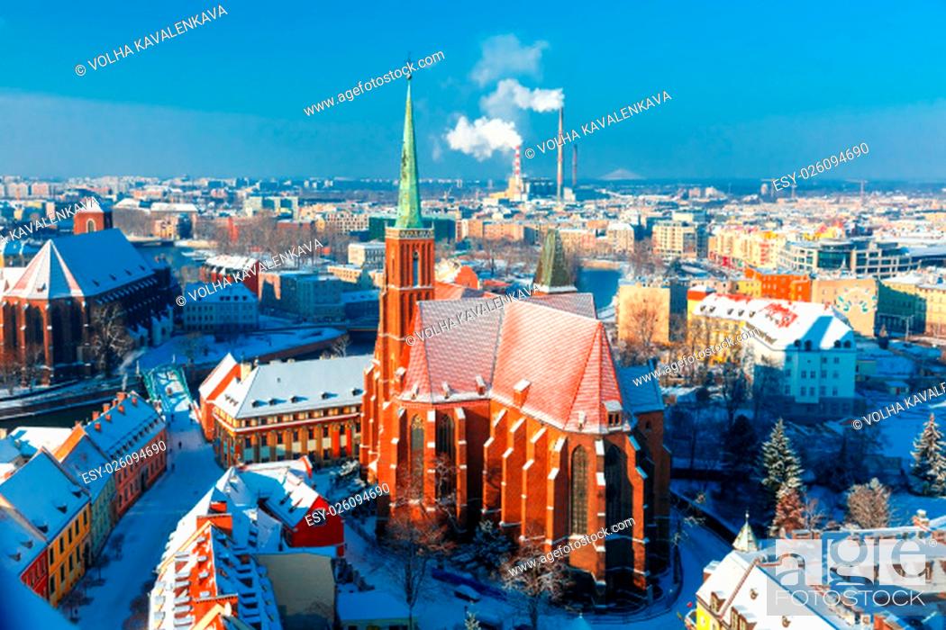 Stock Photo: Aerial view of Ostrow Tumski with church of the Holy Cross and St. Bartholomew from Cathedral of St. John in the winter morning in Wroclaw, Poland.