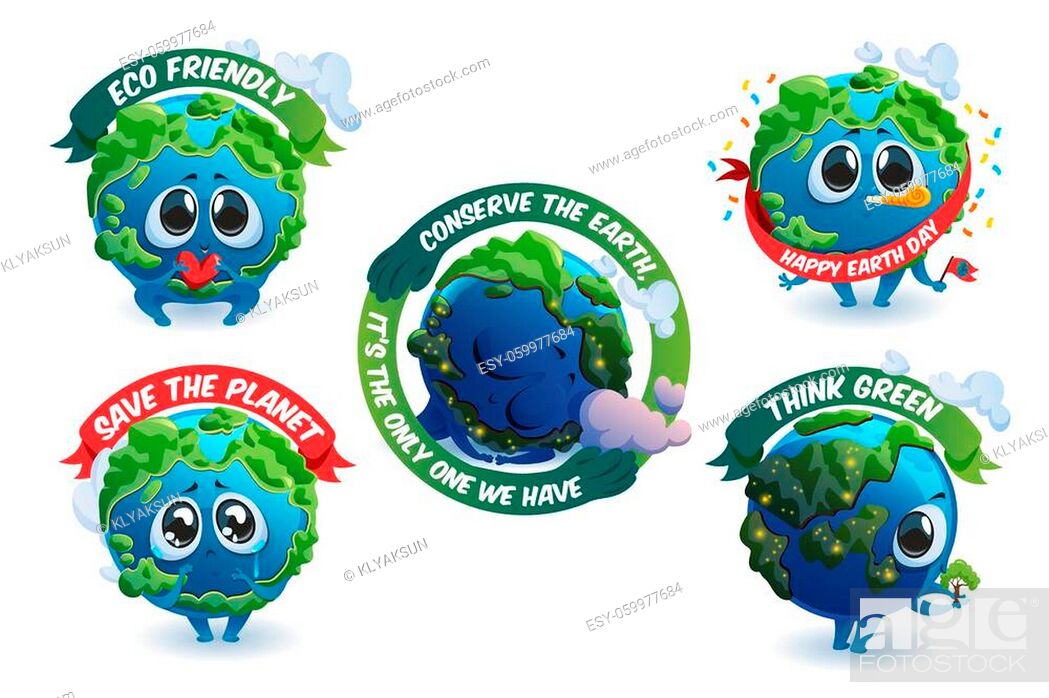 Emblems with cute Earth cartoon character, save planet concept with mascot  and ecological banners, Vecteur de Stock, Vecteur et Image Low Budget  Royalty Free. Photo ESY-059977684 | agefotostock