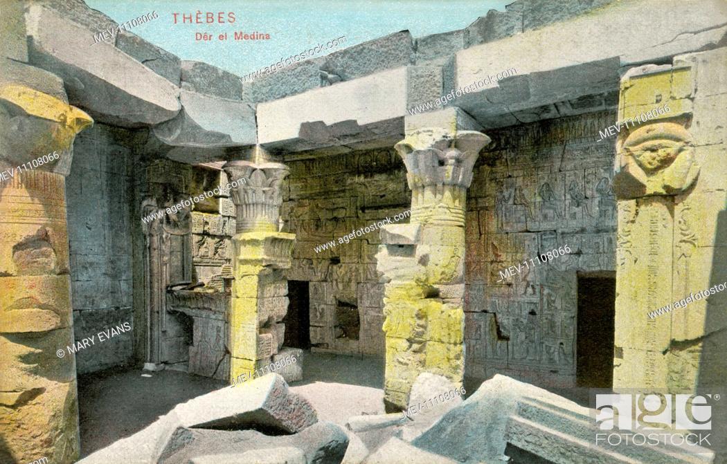 Stock Photo: Inside the temple of Hathor, Ancient Egyptian goddess of motherhood, in Deir el-Medina near Luxor (Thebes), Egypt. Deir el-Medina was a village inhabited by.