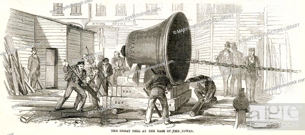 Stock Photo: Officially known as the Great Bell but better known as Big Ben, at the base of the tower, being pull alone with make-shift logs.