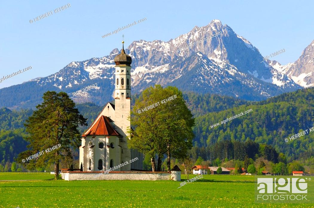 Stock Photo: Pilgrimage Church of St. Coloman near Fuessen, Thannheim Mountains, spring, East Allgaeu, Allgaeu, Bavaria, Germany, Europe.