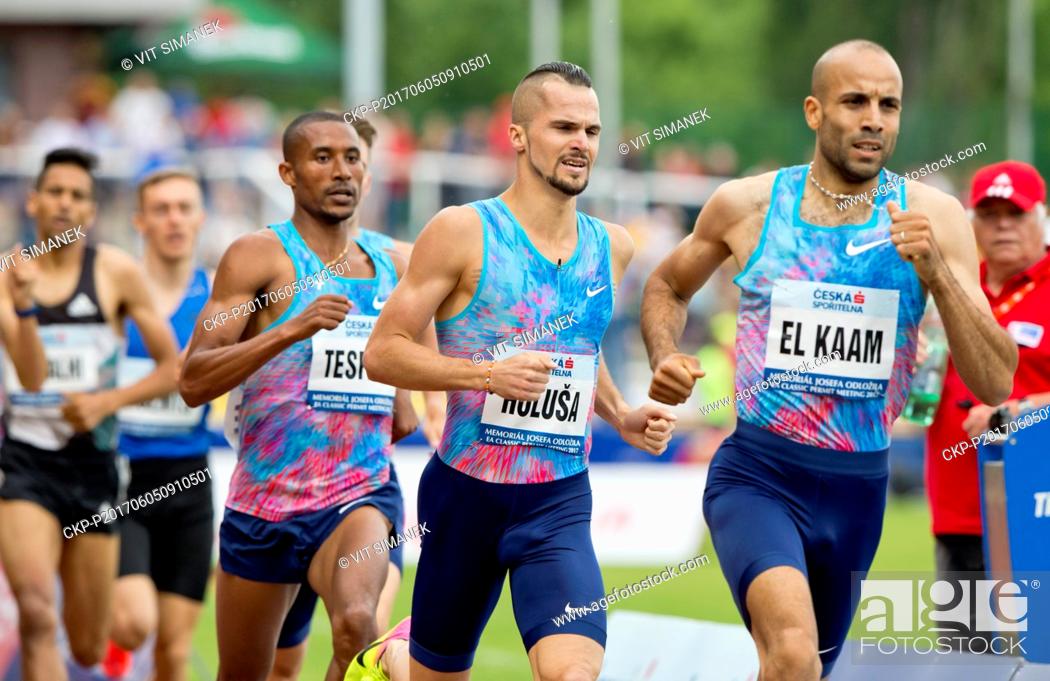 Stock Photo: Czech middle-distance runner Jakub Holusa (second from right) competes during the Josef Odlozil Memorial athletic meeting EA Premium in Prague, Czech Republic.