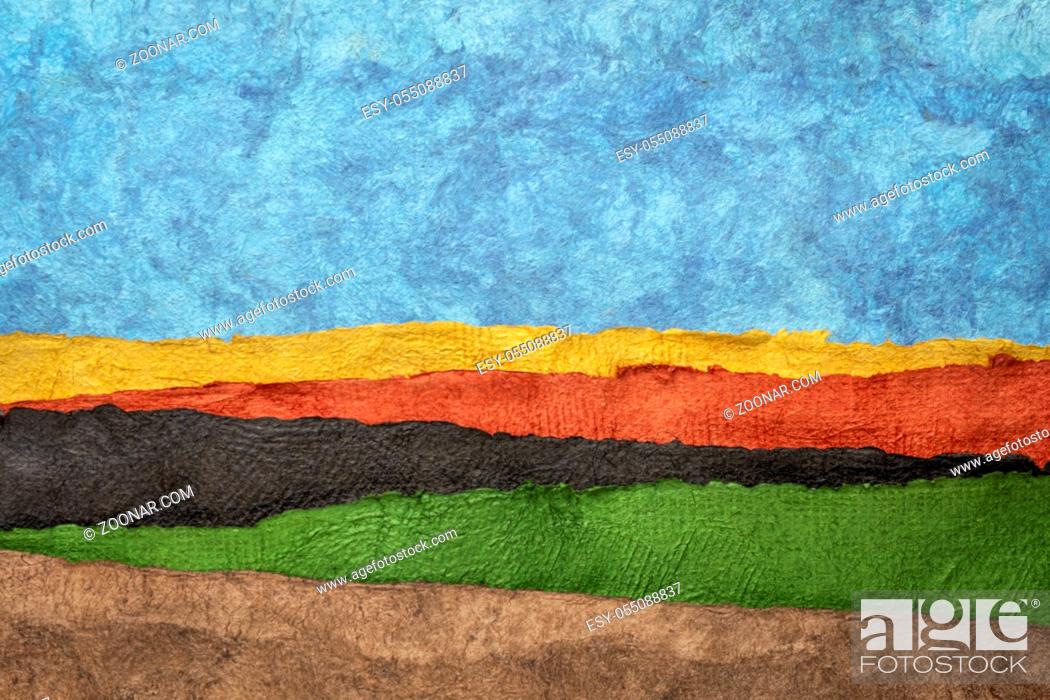 Stock Photo: abstract landscape created with sheets of textured colorful handmade paper.
