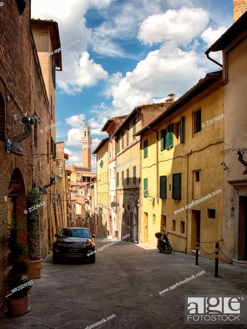 Stock Photo: View of the historic streets with a view of the tower Torre del Mangia in Siena.