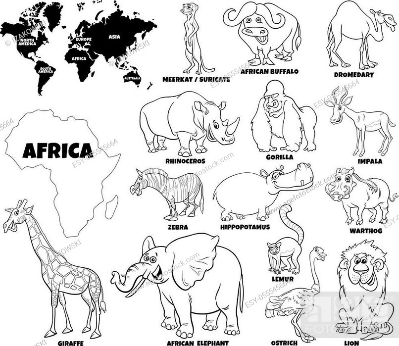 Black and White Educational Cartoon Illustration of African Animals Set and World  Map with..., Stock Vector, Vector And Low Budget Royalty Free Image. Pic.  ESY-055545664 | agefotostock