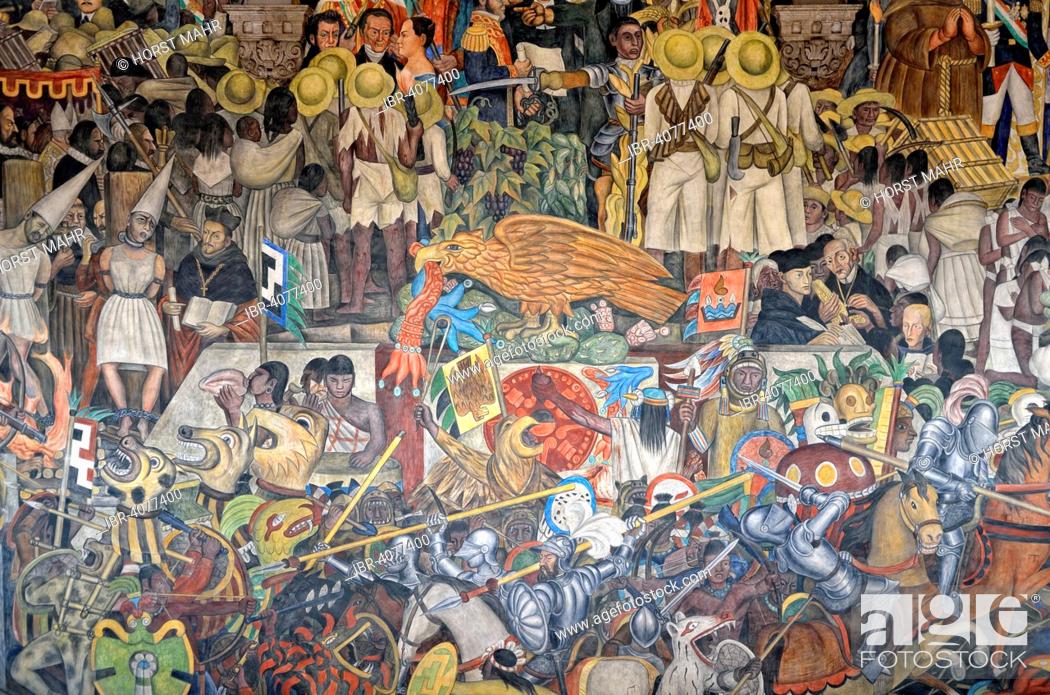 Fight scenes, colourful fresco painting by Diego Rivera on the history of Mexico, Foto de Stock, Imagen Derechos Protegidos IBR-4077400 | agefotostock