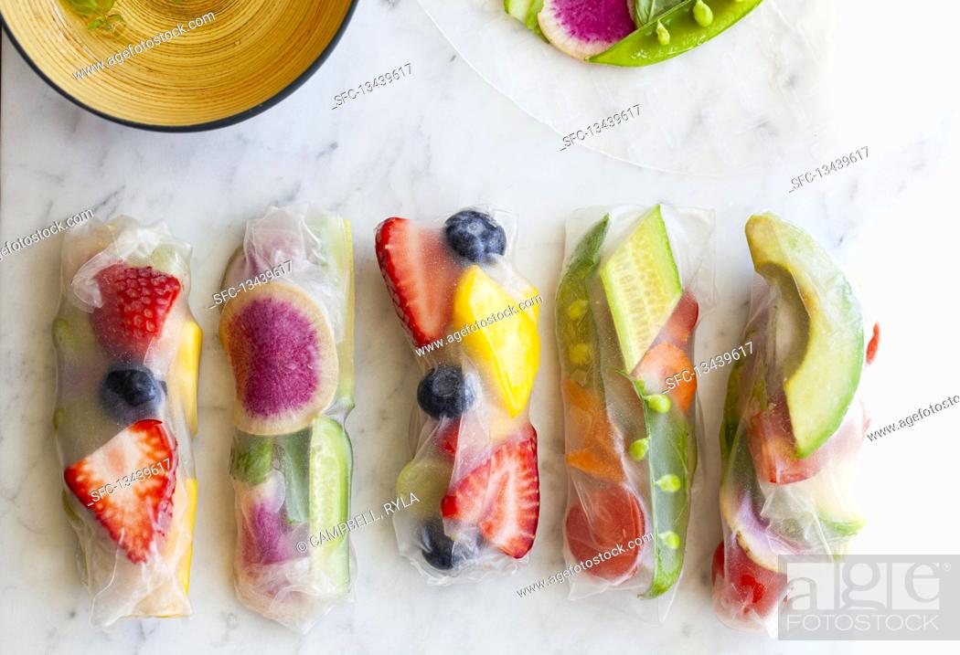 Stock Photo: Raw fruit and vegetable spring rolls.