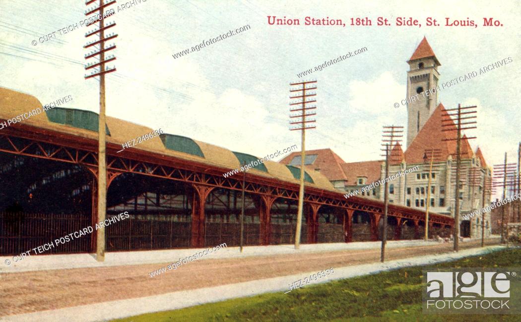 Stock Photo: Union Station, St Louis, Missouri, USA, 1911. Vintage postcard showing the 18th Stret side of Union Depot where large steel sheds connect to the depot.