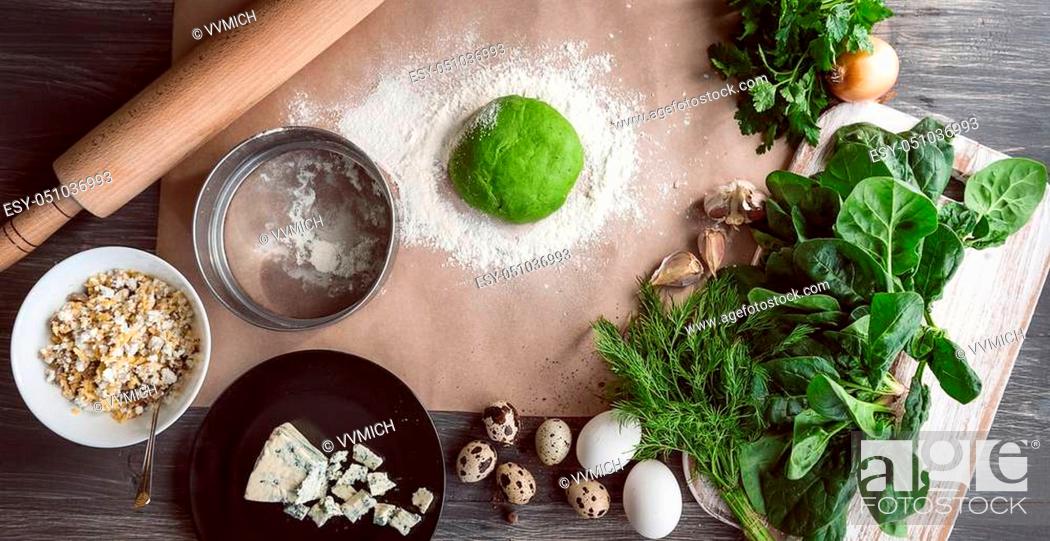 Stock Photo: set of products for cooking green ravioli with spinach adding to the dough, stuffed with porcini mushrooms and ricotta. with quail eggs poached.
