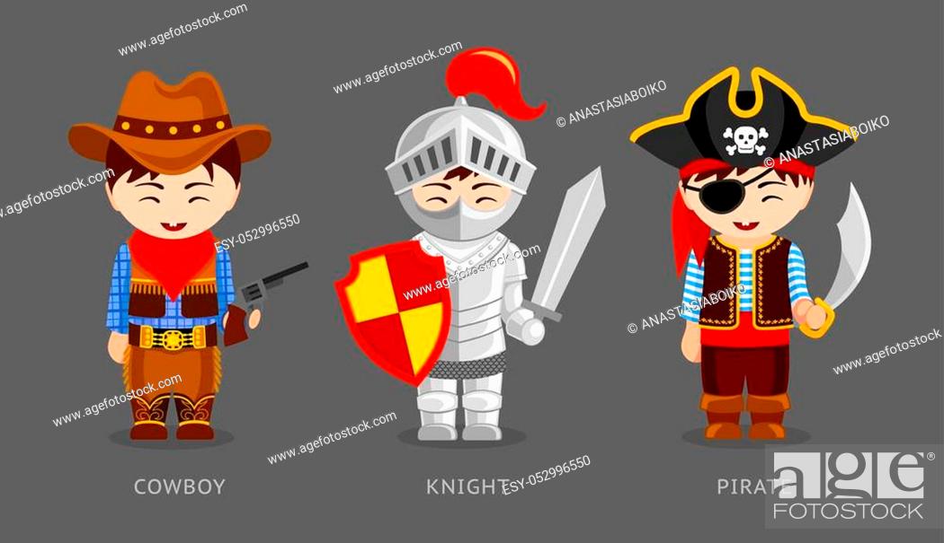 Cowboy, knight and pirate. Cute kids in carnival costumes, Stock Vector,  Vector And Low Budget Royalty Free Image. Pic. ESY-052996550 | agefotostock