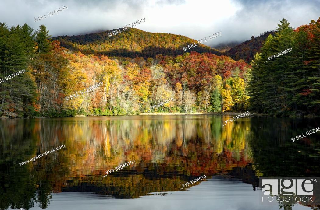 Stock Photo: Fall color reflections at Balsam Lake - Roy Taylor Forest in the Nantahala National Forest, Canada, North Carolina, USA.