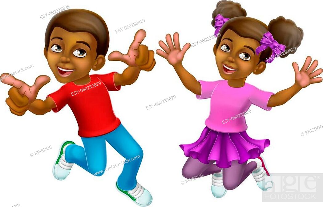 Two kids, girl and boy, cartoon character children jumping for joy, Stock  Vector, Vector And Low Budget Royalty Free Image. Pic. ESY-060233829 |  agefotostock