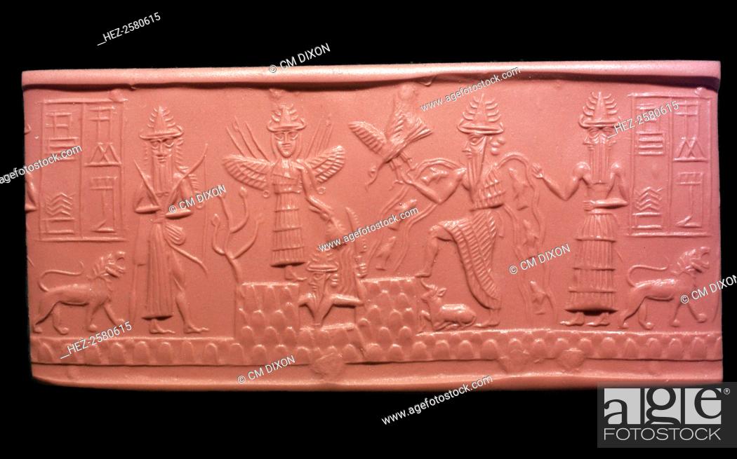 Stock Photo: Akkadian cylinder-seal impression of the scribe Adda. It represents a new year ritual, and from left to right are: Ninurth carrying a bow, Ishtar with wings.
