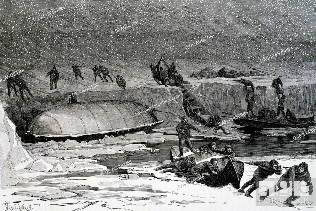 Stock Photo: Discovery of the remains of Adolphus Greely's (1844-1935) expedition, engraving from August 29, 1884. Arctic, 19th century.