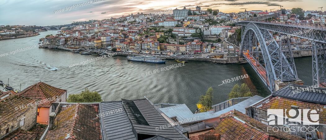 Stock Photo: View of the city of Porto and the Douro river from Vilanova de Gaia, Portugal. High resolution panorama.