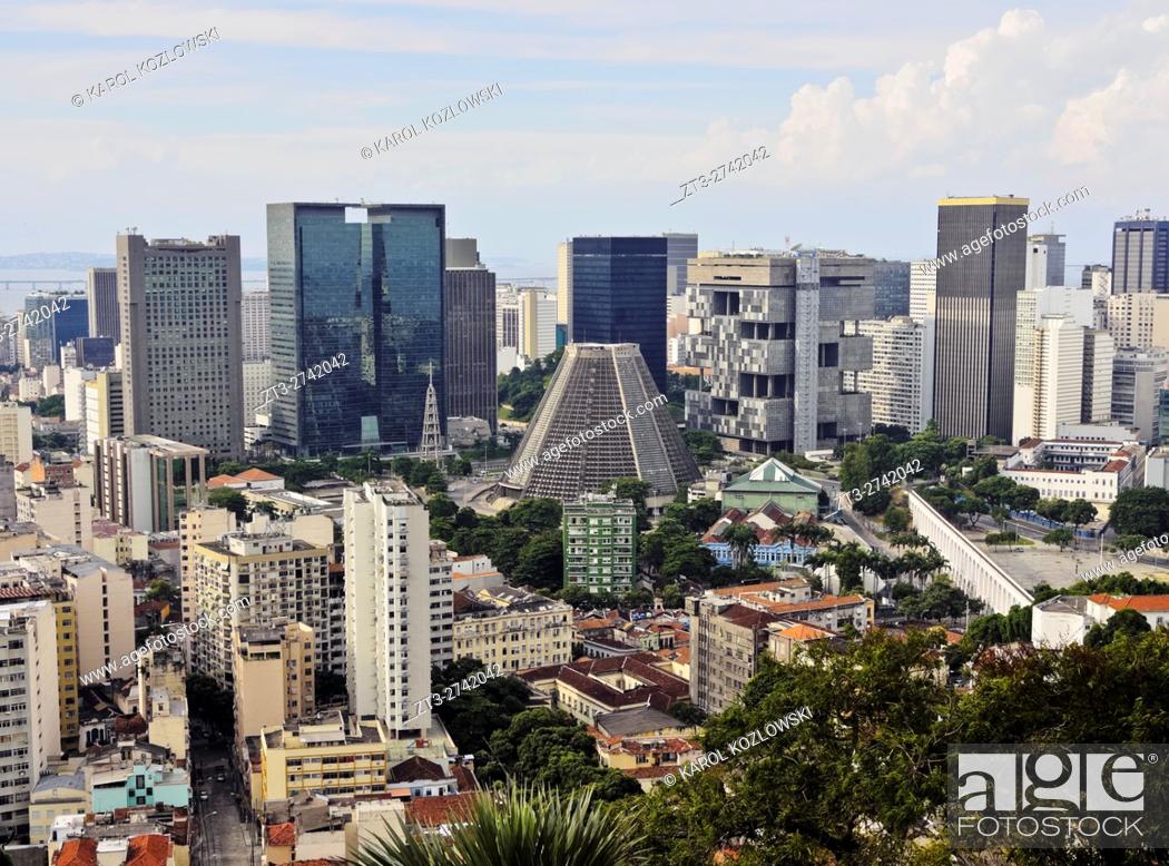 Stock Photo: Brazil, City of Rio de Janeiro, City Center Skyline viewed from the Parque das Ruinas in Santa Teresa.