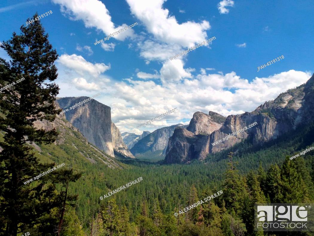 Stock Photo: View of the Yosemite Valley from the Tunnel View viewing platform with the rocks 'El Capitan' (L) and 'Half Dome' (back) in Yosemite National Park in California.
