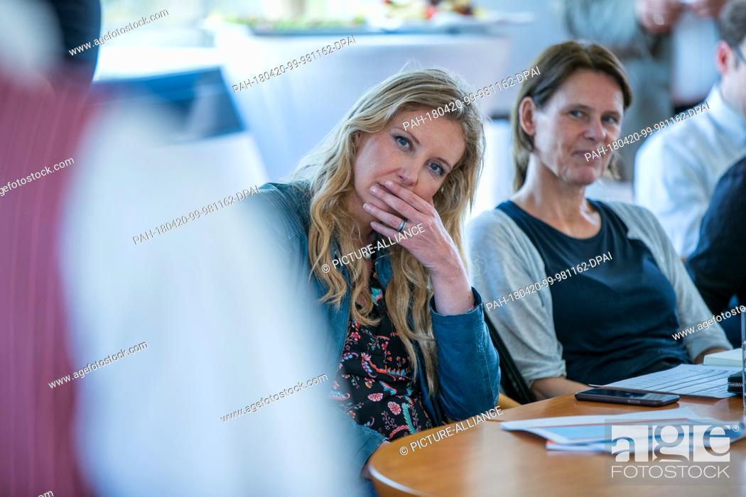 Stock Photo: 20 April 2018, Germany, Rostock: Fashion designer Jette Joop (l) attends the competition ""Trachten neu erleben"" (re-experience costumes).