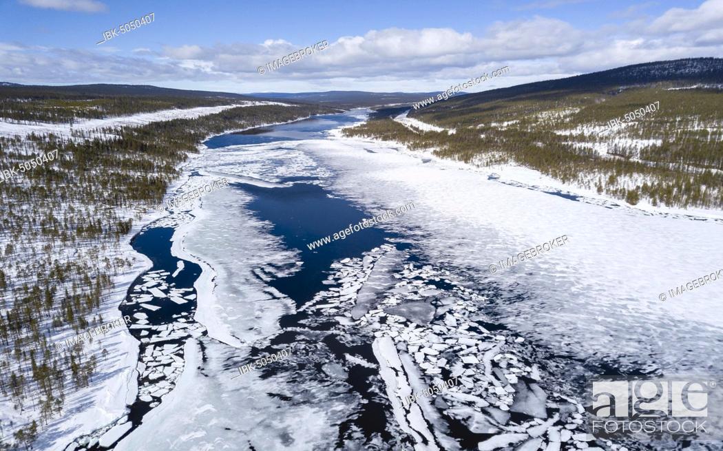 Stock Photo: Drone shot, frozen lake with floating ice floes, Jokkmokk, Norrbottens län, Sweden, Europe.